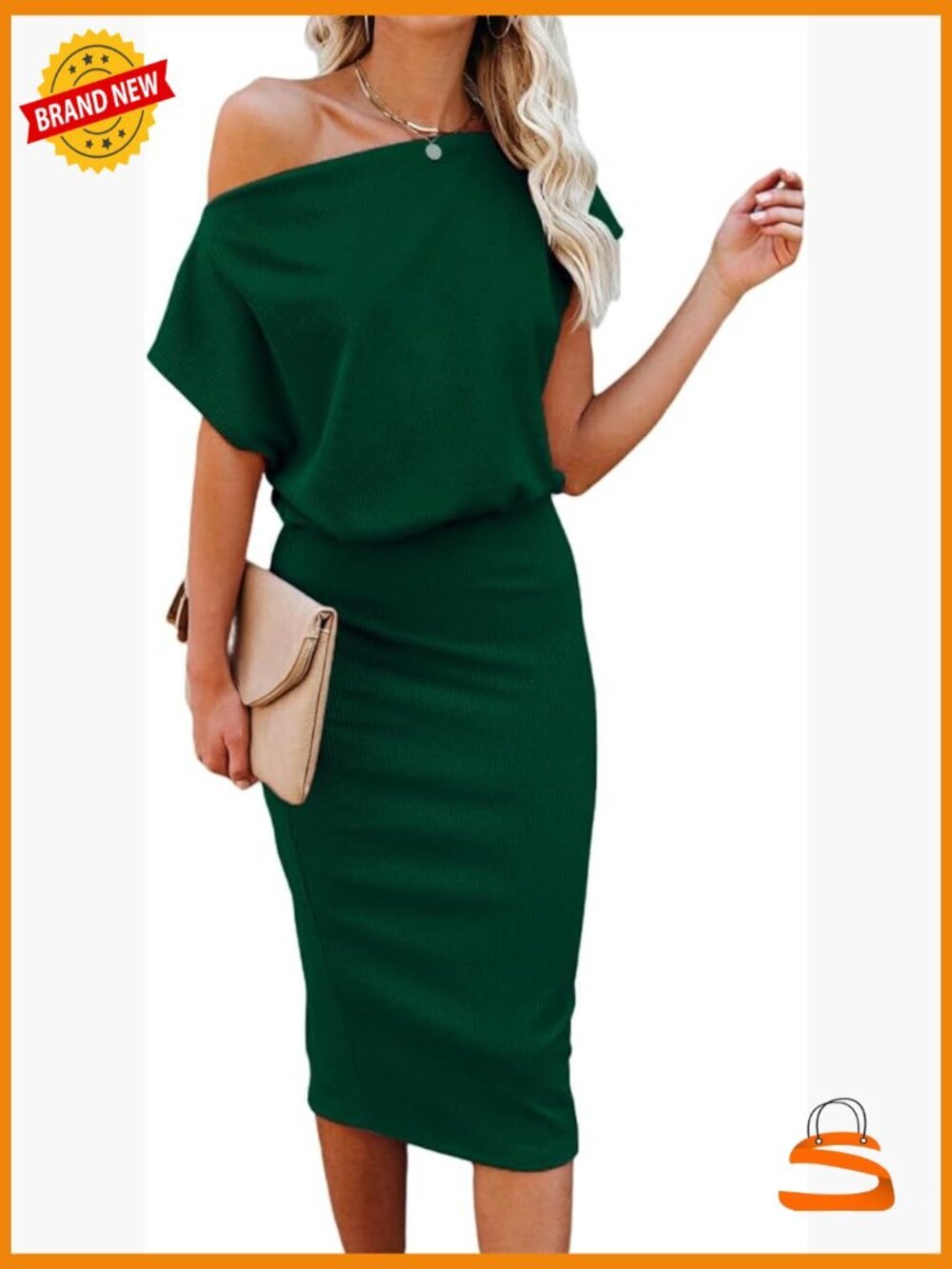 Off Shoulder Short Sleeve Ribbed Bodycon Midi Dress Casual Party